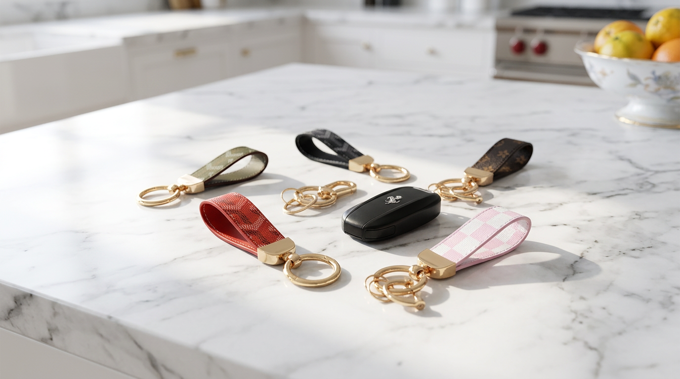 Designer-inspired keychains and key fobs on a marble counter